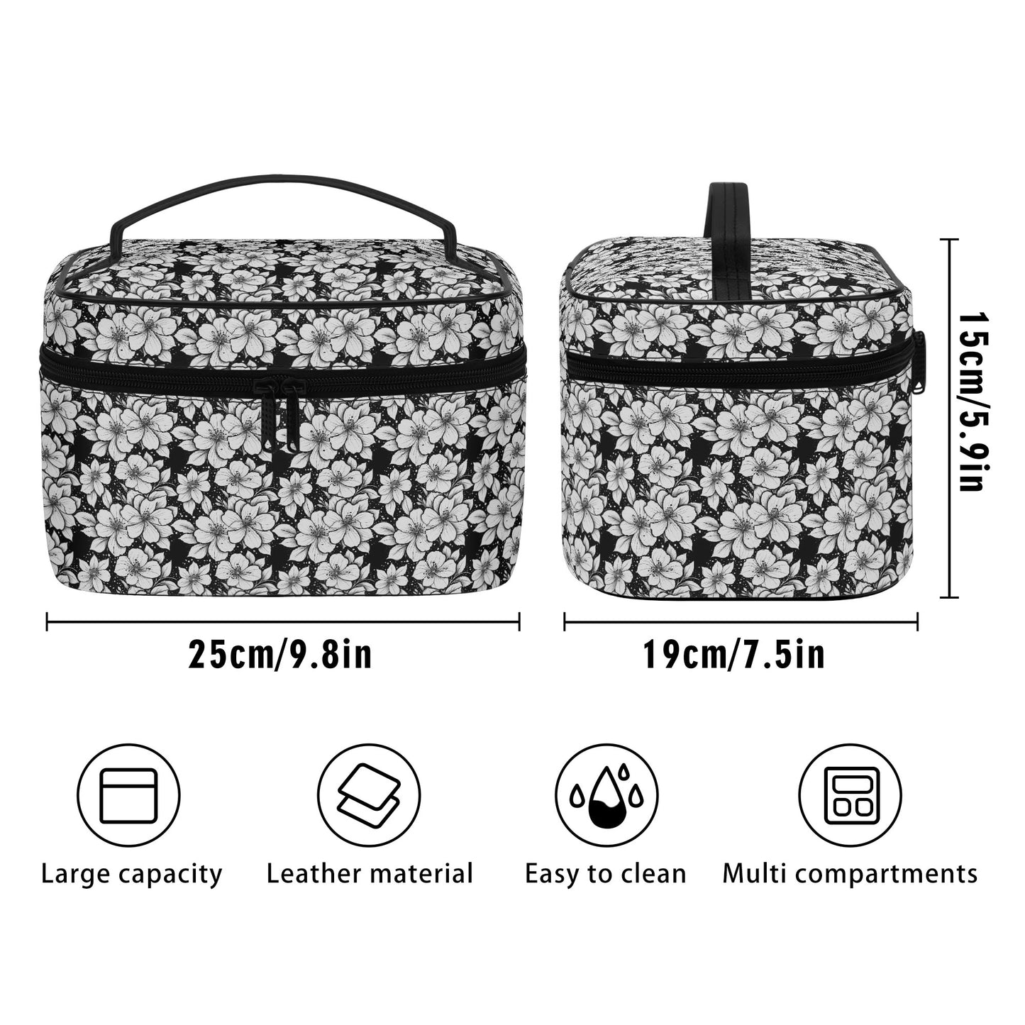 Black and White Floral Leather Cosmetic Bag