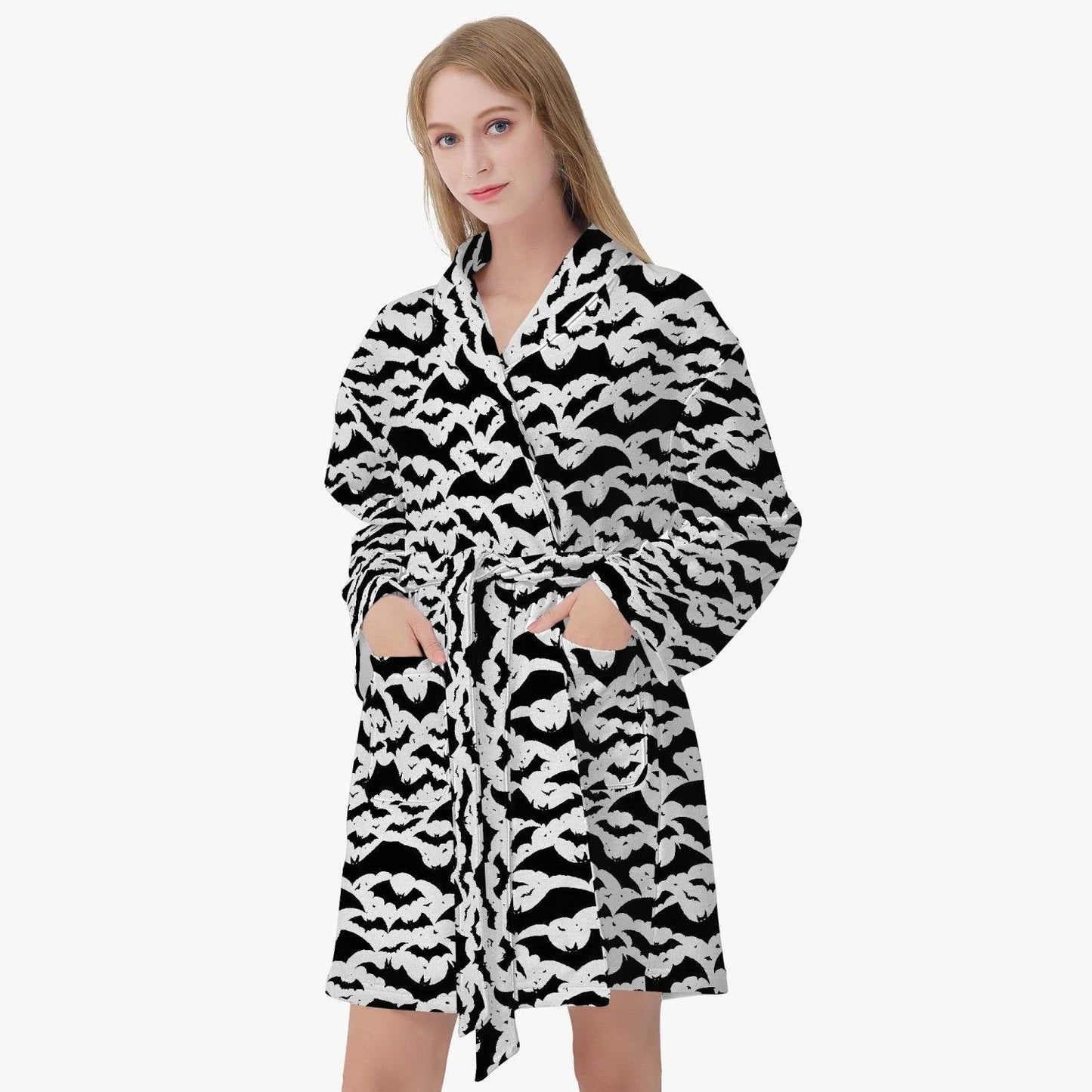 Black and White Bats Women's Loose-fitting Bathrobe - DeRose Seasonal