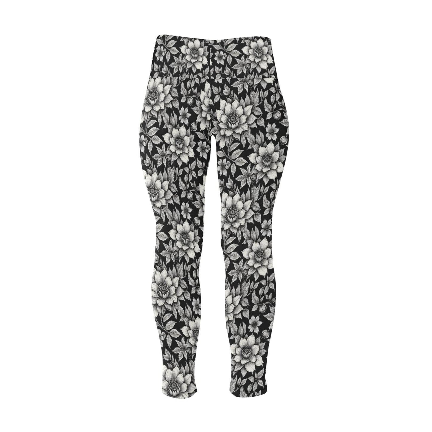 Black and White Bloom Women's Plus Size High Waited Leggings Women's High Waist Leggings(Plus Size)(ModelL45) - DeRose Seasonal