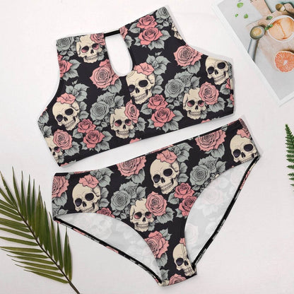 Plus Size Skull and Pink Rose Two-piece Swimsuit - DeRose Seasonal