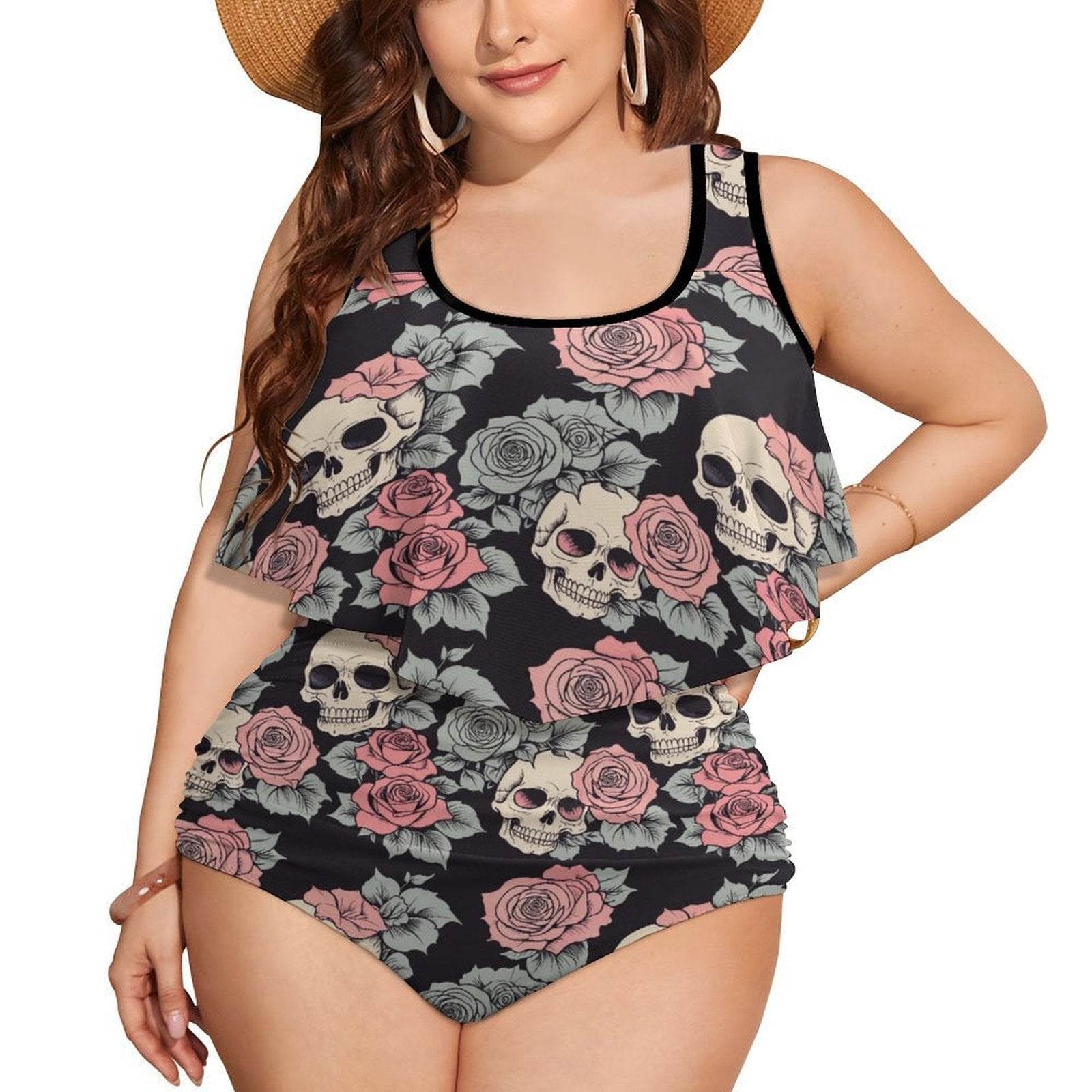Plus Size Skull and Pink Rose Two-piece Swimsuit - DeRose Seasonal