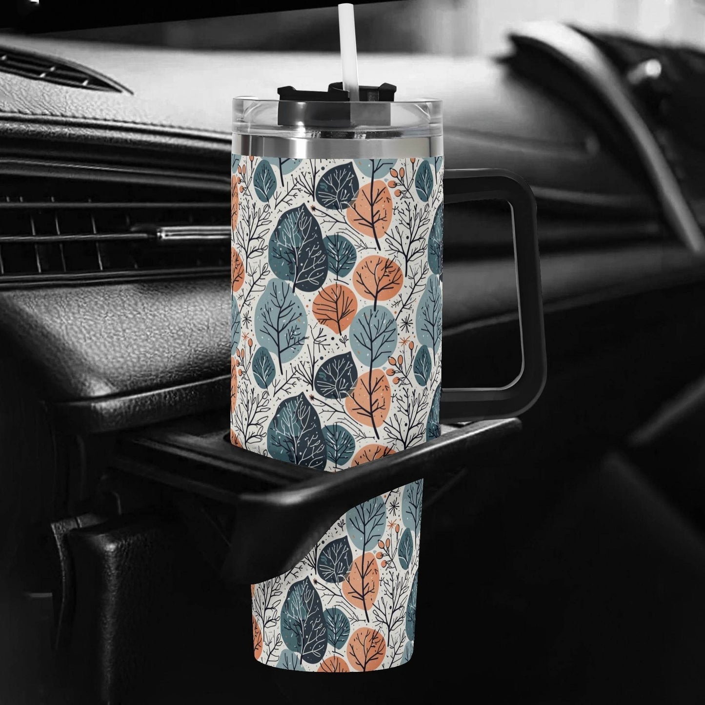 Freezing Leaves 40oz Stainless Steel Tumbler Gift With Black Handle and Straw - DeRose Seasonal