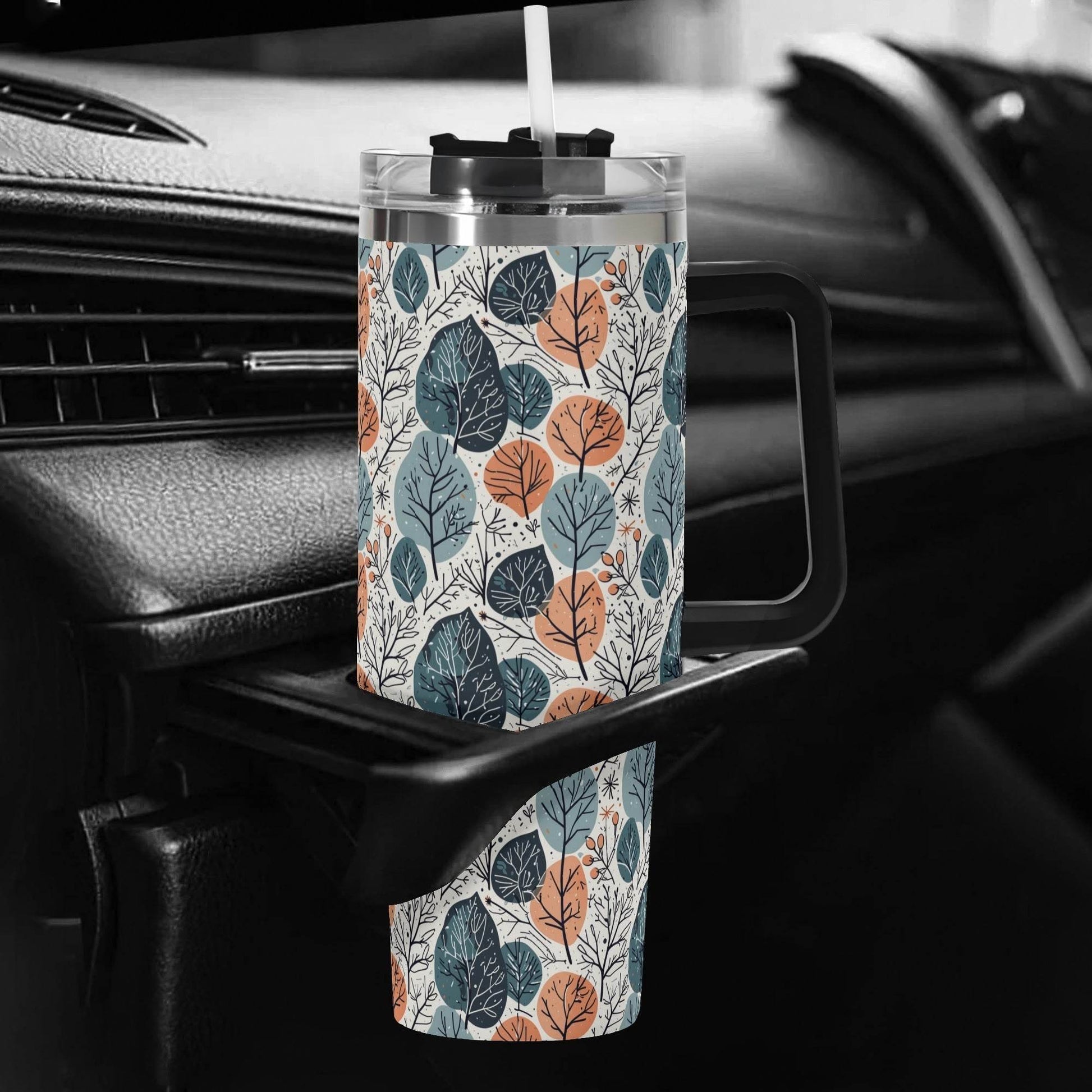Freezing Leaves 40oz Stainless Steel Tumbler Gift With Black Handle and Straw - DeRose Seasonal