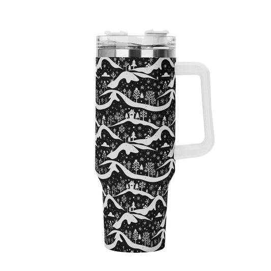 Winter Town 40oz Stainless Steel Tumbler Gift With White Handle and Straw - DeRose Seasonal