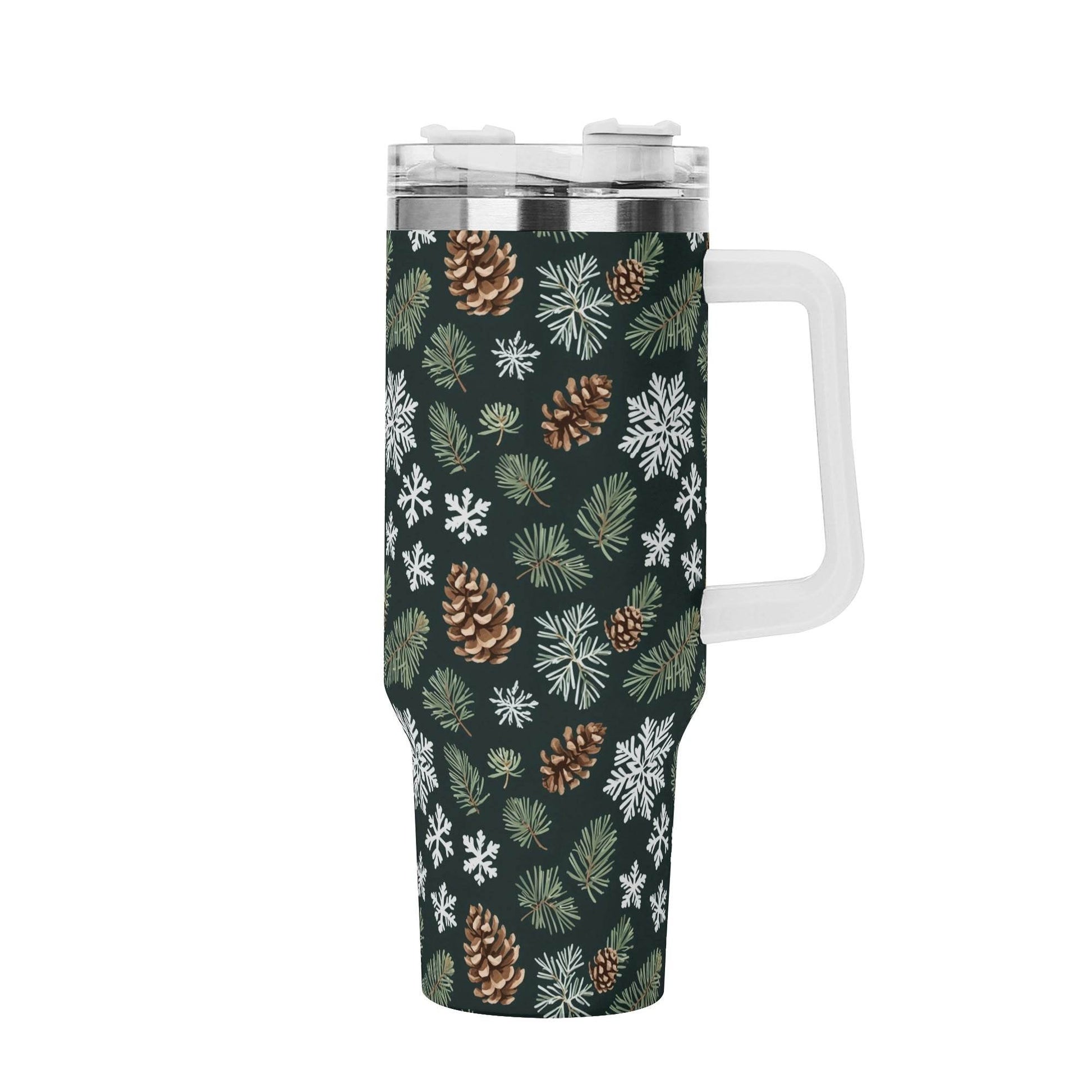 Snowflake Pine 40oz Stainless Steel Tumbler Gift With White Handle and Straw - DeRose Seasonal