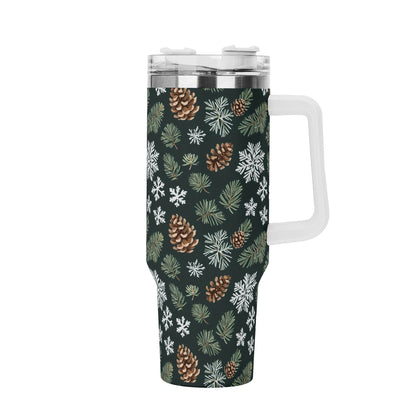 Snowflake Pine 40oz Stainless Steel Tumbler Gift With White Handle and Straw - DeRose Seasonal