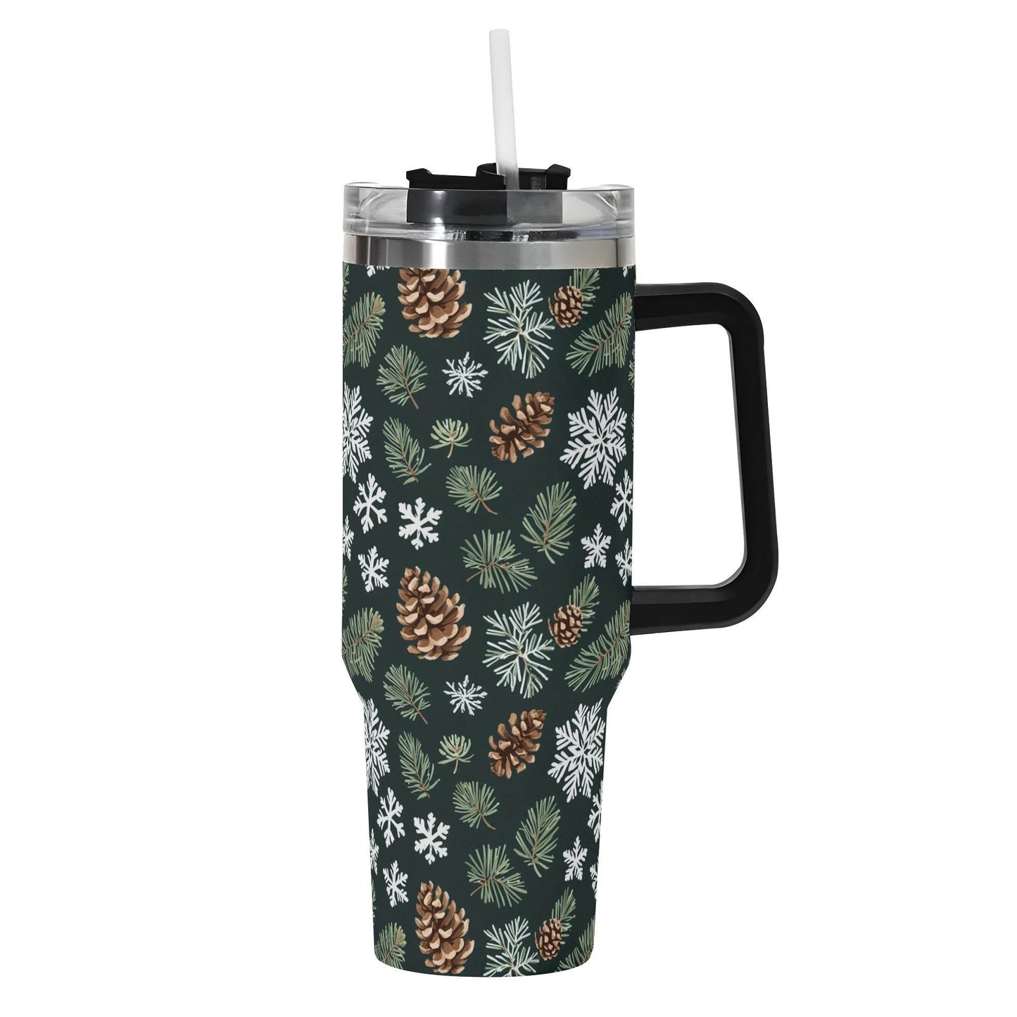 Snowflake Pine 40oz Stainless Steel Tumbler Gift With Black Handle and Straw - DeRose Seasonal