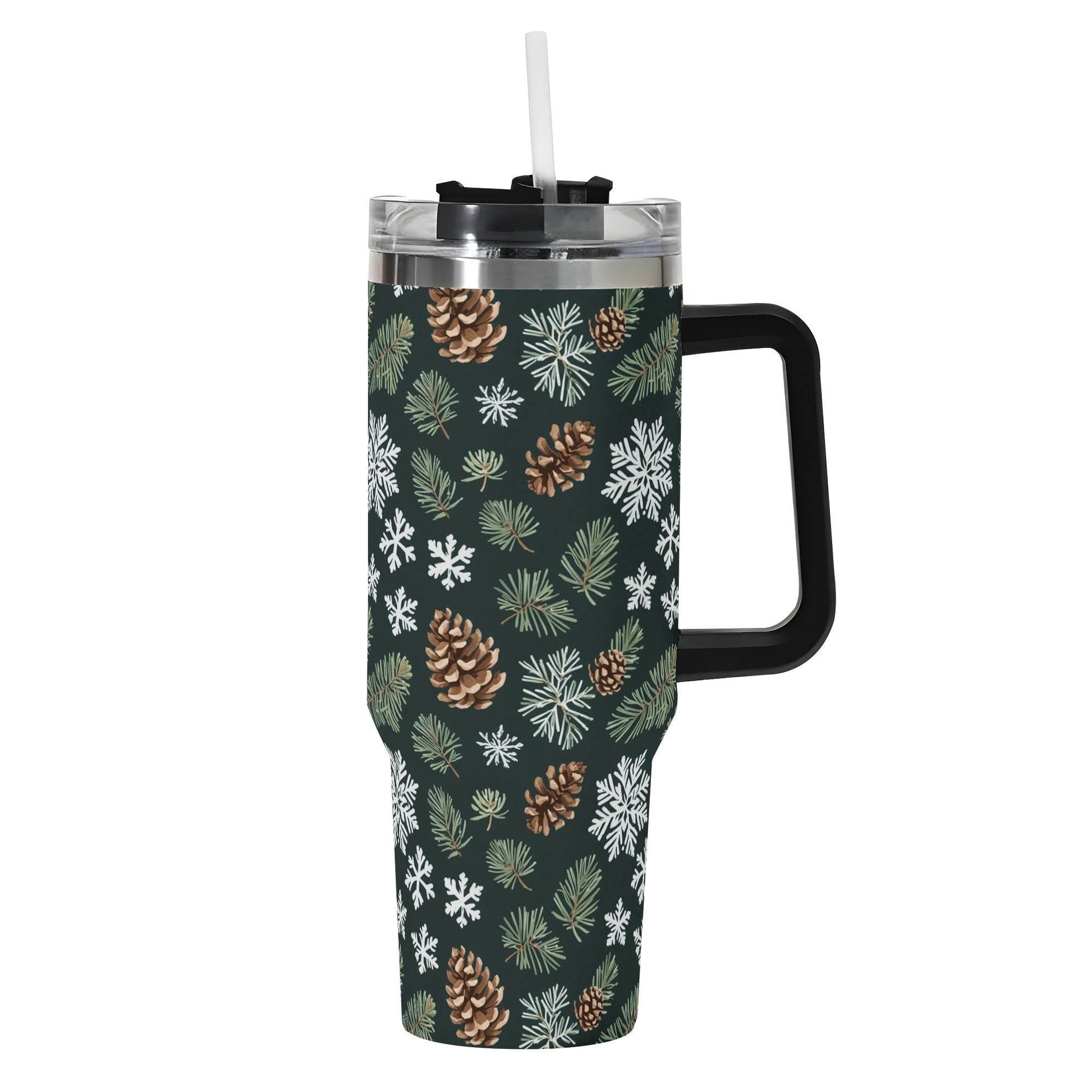 Snowflake Pine 40oz Stainless Steel Tumbler Gift With Black Handle and Straw - DeRose Seasonal