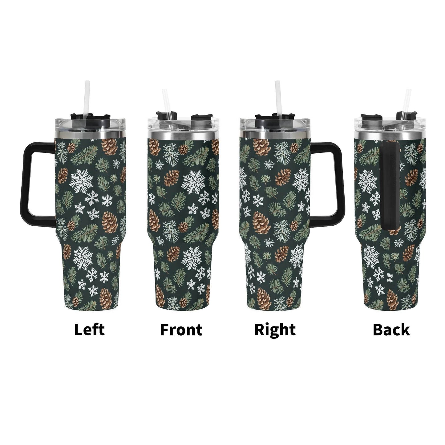 Snowflake Pine 40oz Stainless Steel Tumbler Gift With Black Handle and Straw - DeRose Seasonal