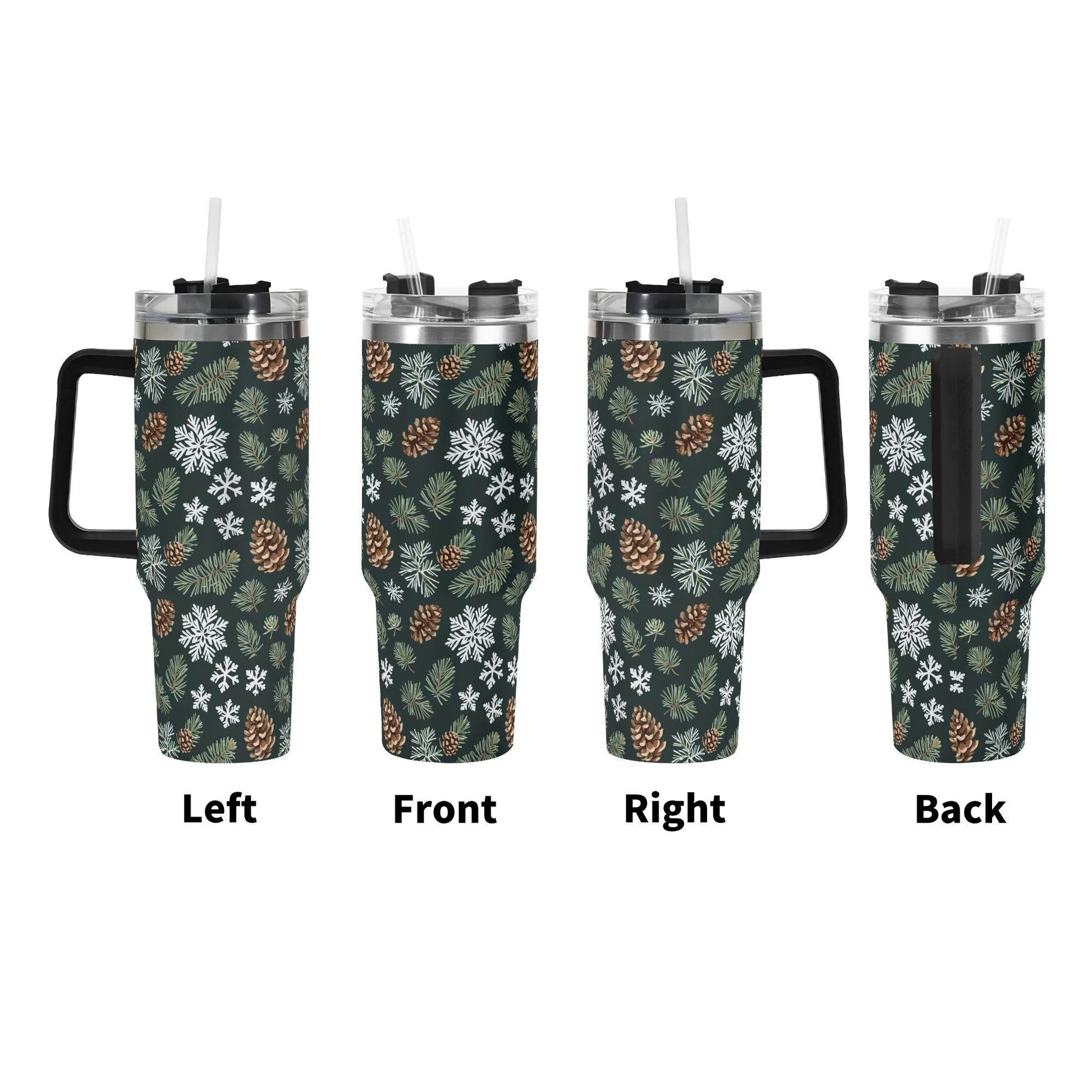 Snowflake Pine 40oz Stainless Steel Tumbler Gift With Black Handle and Straw - DeRose Seasonal