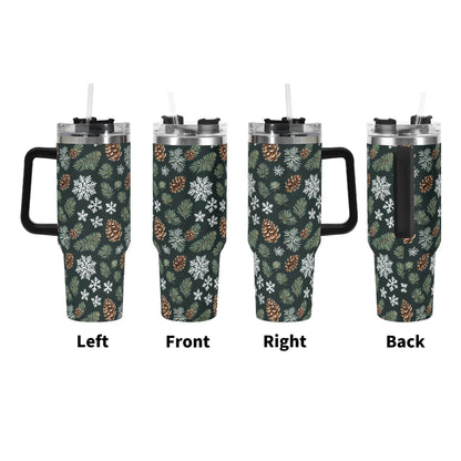 Snowflake Pine 40oz Stainless Steel Tumbler Gift With Black Handle and Straw - DeRose Seasonal