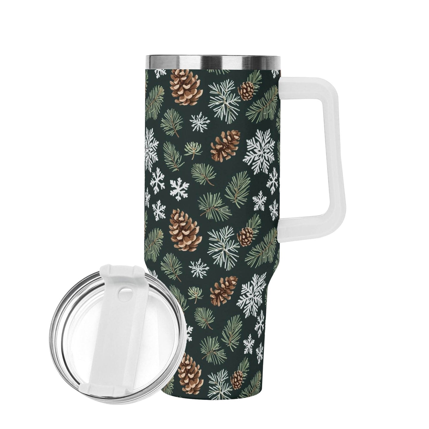 Snowflake Pine 40oz Stainless Steel Tumbler Gift With White Handle and Straw - DeRose Seasonal