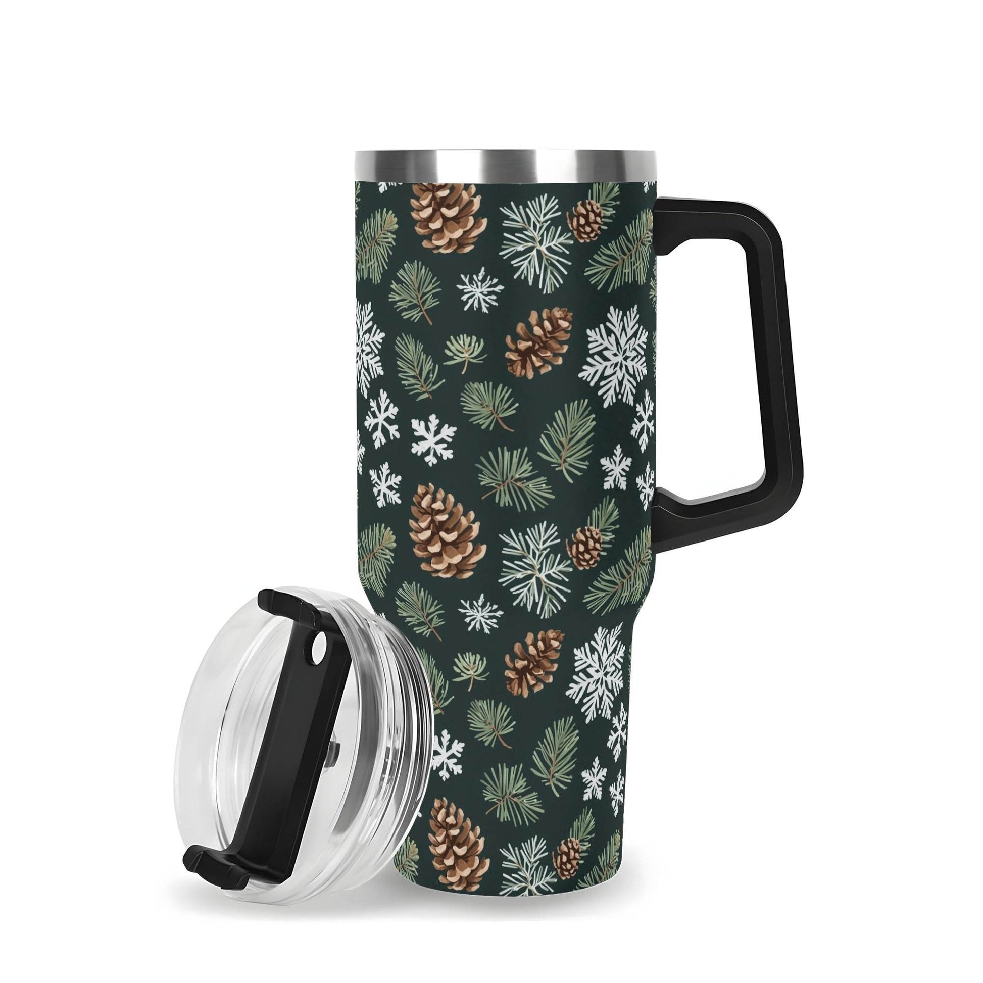 Snowflake Pine 40oz Stainless Steel Tumbler Gift With Black Handle and Straw - DeRose Seasonal