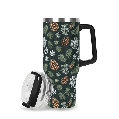 Snowflake Pine 40oz Stainless Steel Tumbler Gift With Black Handle and Straw - DeRose Seasonal