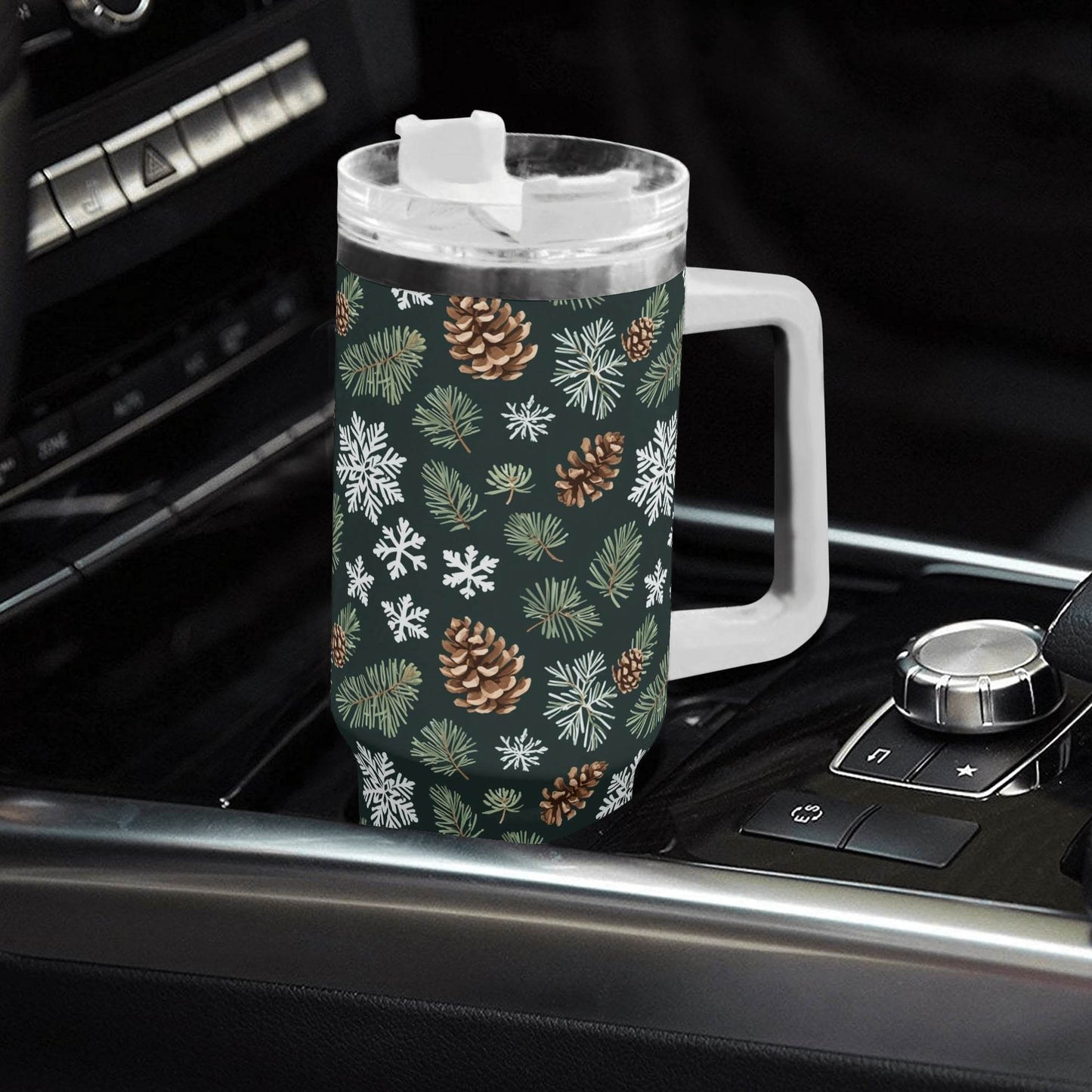 Snowflake Pine 40oz Stainless Steel Tumbler Gift With White Handle and Straw - DeRose Seasonal