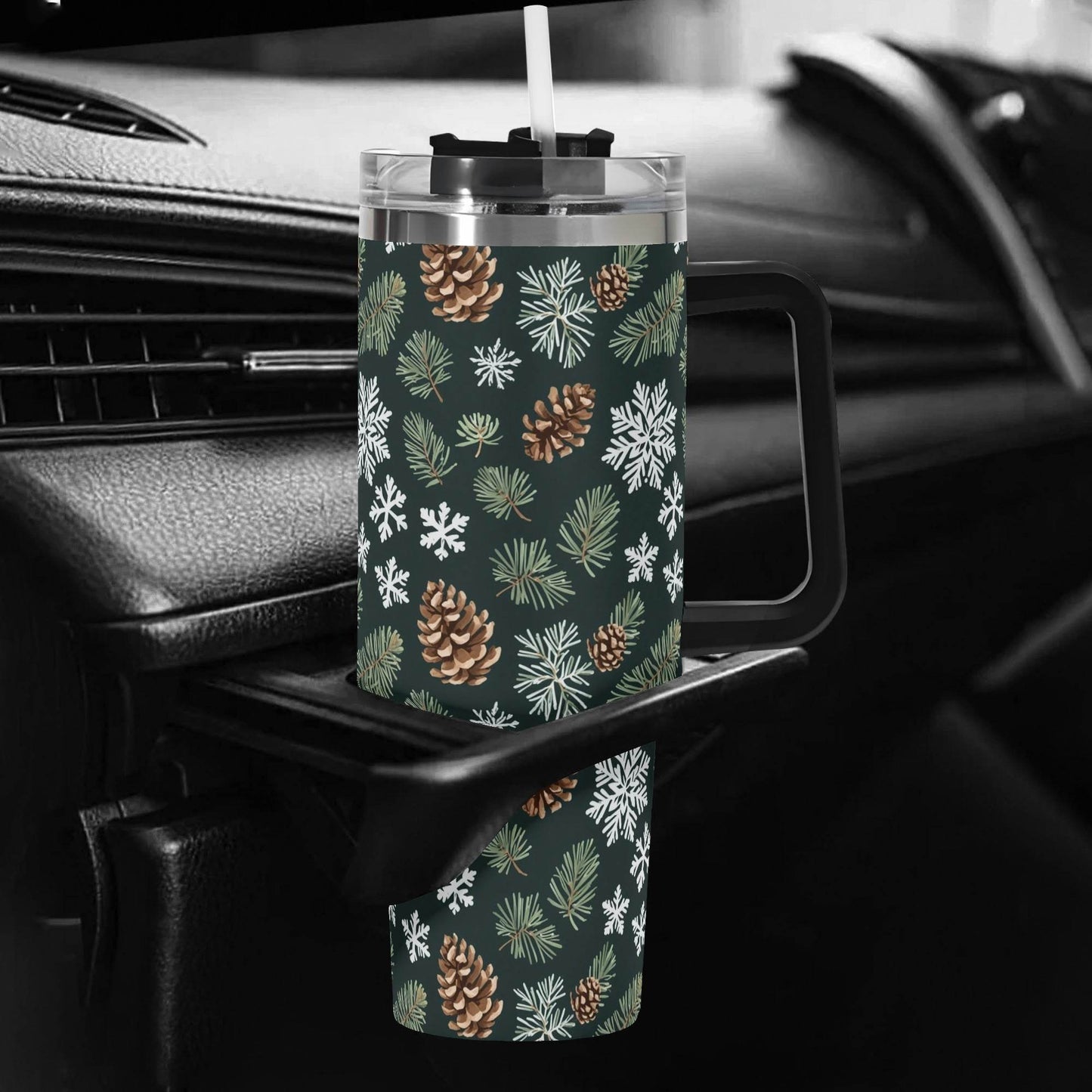 Snowflake Pine 40oz Stainless Steel Tumbler Gift With Black Handle and Straw - DeRose Seasonal