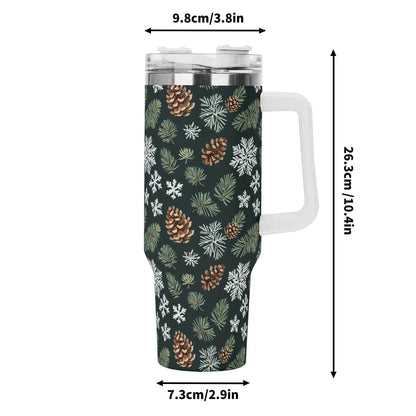 Snowflake Pine 40oz Stainless Steel Tumbler Gift With White Handle and Straw - DeRose Seasonal