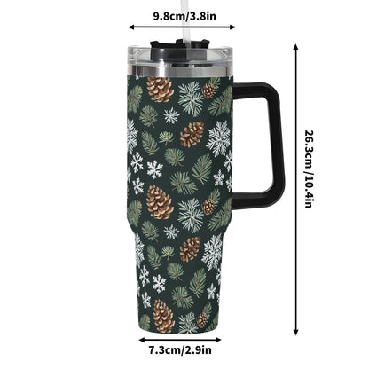 Snowflake Pine 40oz Stainless Steel Tumbler Gift With Black Handle and Straw - DeRose Seasonal