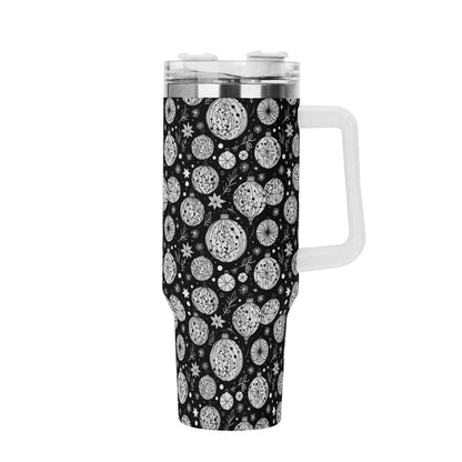 Black and White Ornament 40oz Stainless Steel Tumbler Gift With White Handle and Straw - DeRose Seasonal