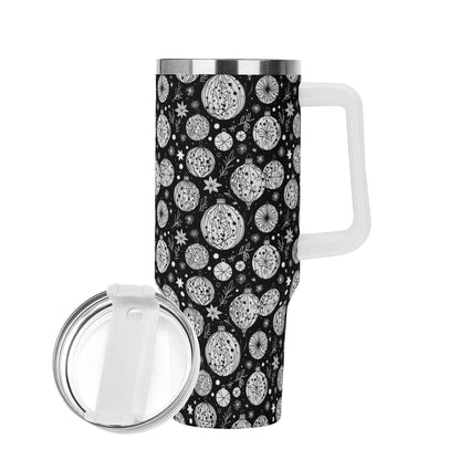 Black and White Ornament 40oz Stainless Steel Tumbler Gift With White Handle and Straw - DeRose Seasonal