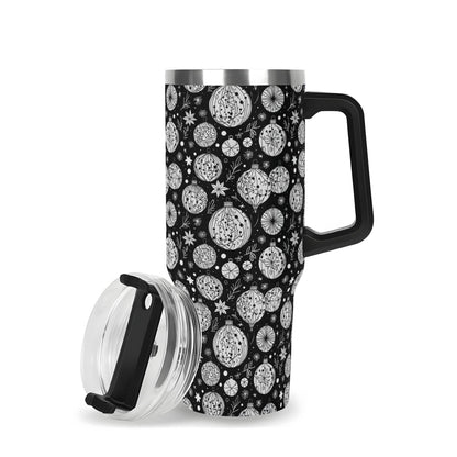 Black and White Ornament 40oz Stainless Steel Tumbler Gift With Black Handle and Straw - DeRose Seasonal