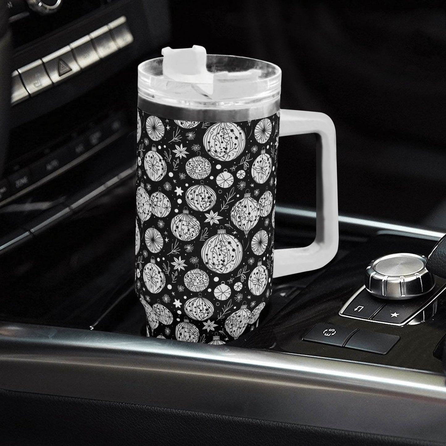 Black and White Ornament 40oz Stainless Steel Tumbler Gift With White Handle and Straw - DeRose Seasonal