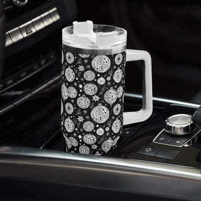 Black and White Ornament 40oz Stainless Steel Tumbler Gift With White Handle and Straw - DeRose Seasonal