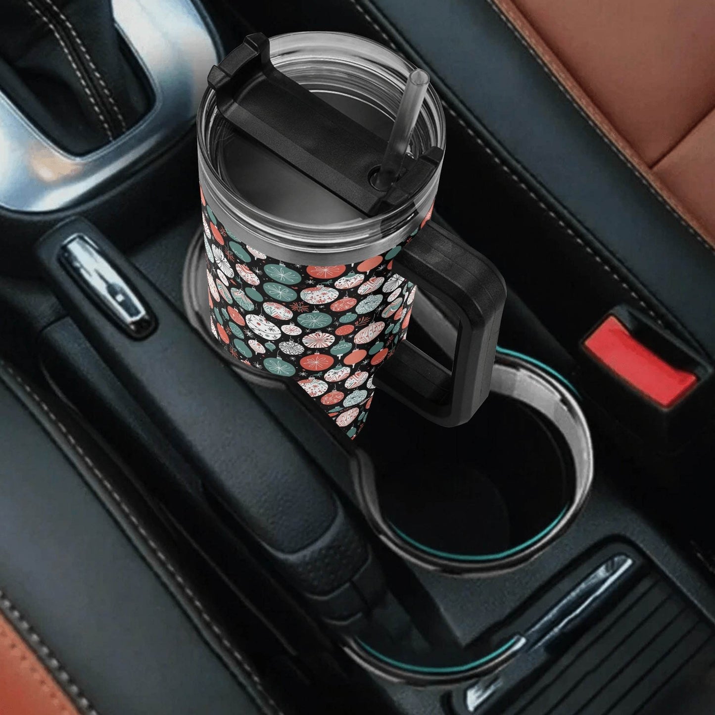 Colorful Ornament 40oz Stainless Steel Tumbler Gift With Black Handle and Straw - DeRose Seasonal