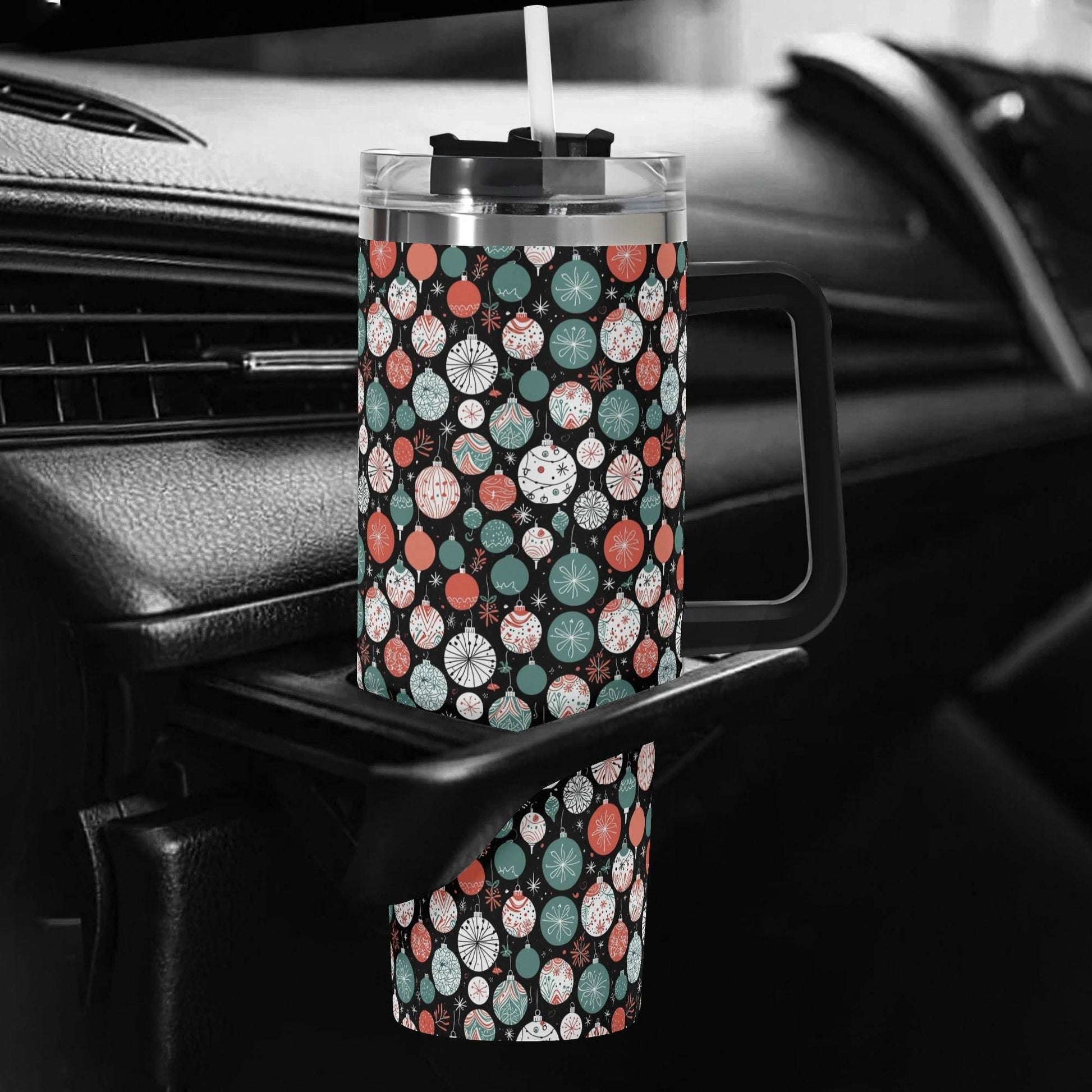 Colorful Ornament 40oz Stainless Steel Tumbler Gift With Black Handle and Straw - DeRose Seasonal