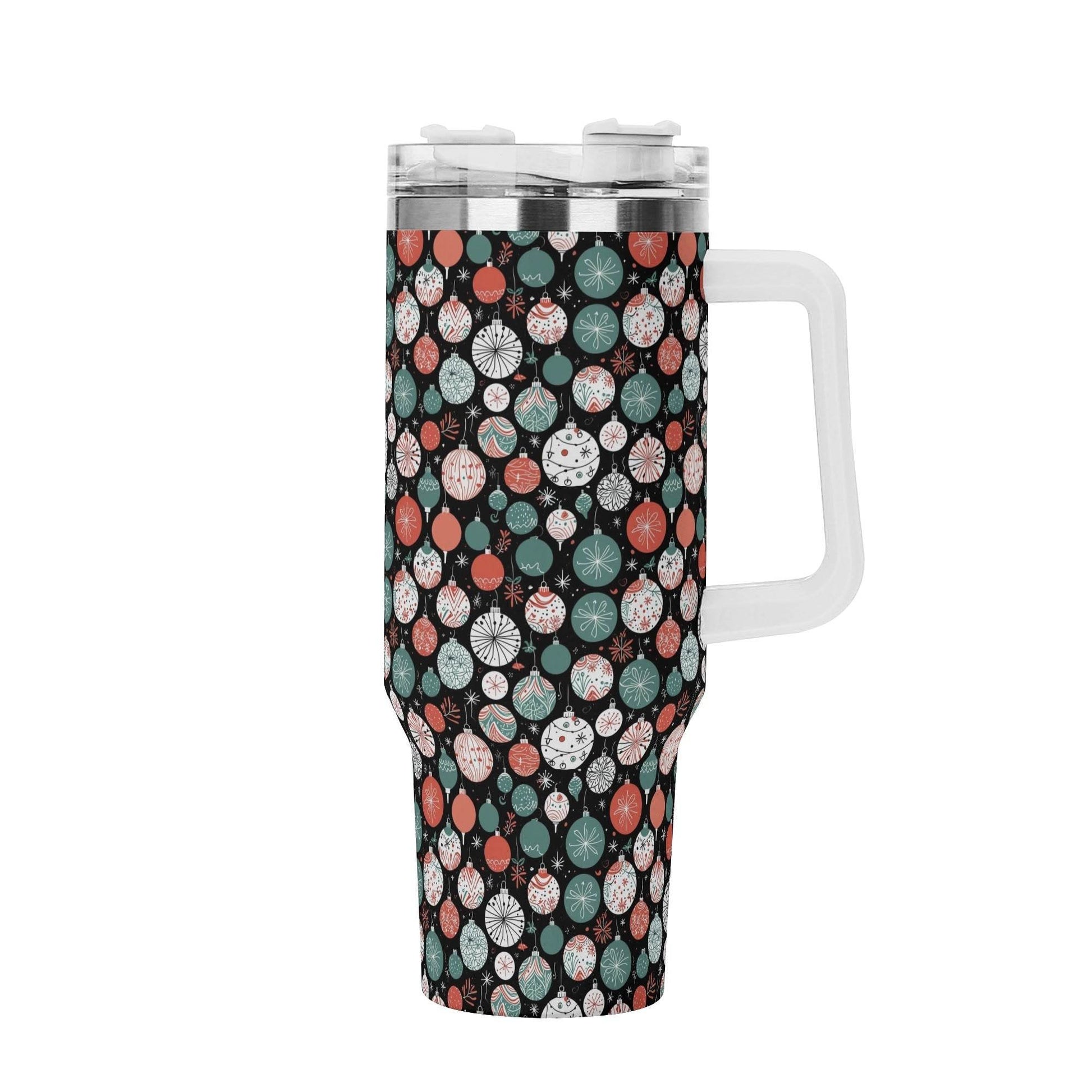 Colorful Ornament 40oz Stainless Steel Tumbler Gift With White Handle and Straw - DeRose Seasonal