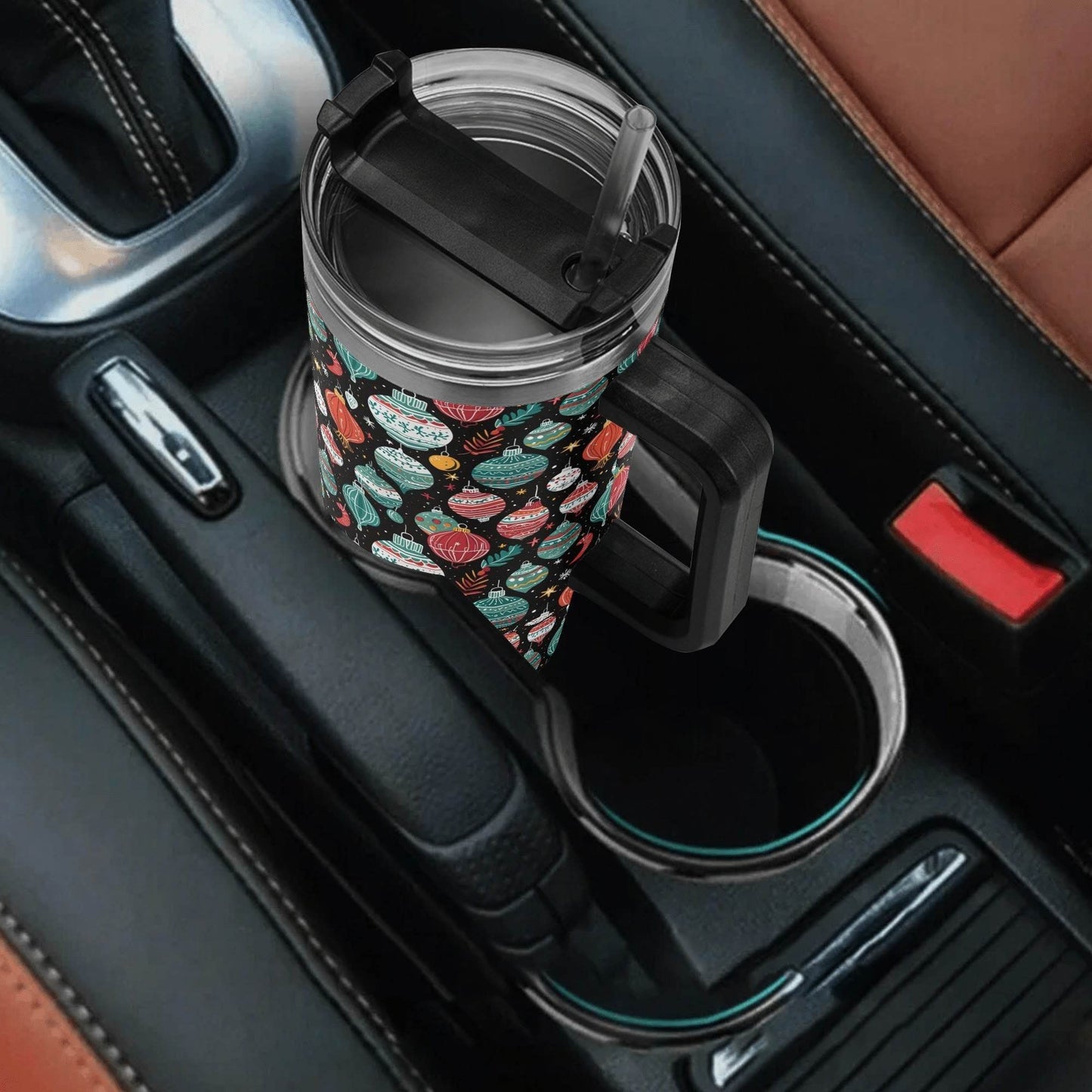 Big Ornament 40oz Stainless Steel Tumbler Gift With Black Handle and Straw - DeRose Seasonal