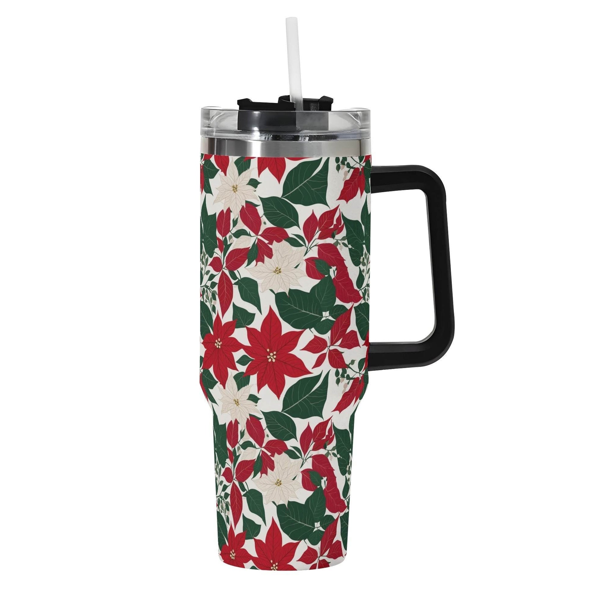 Red and White Poinsettia Flower 40oz Stainless Steel Tumbler Gift With Black Handle and Straw - DeRose Seasonal
