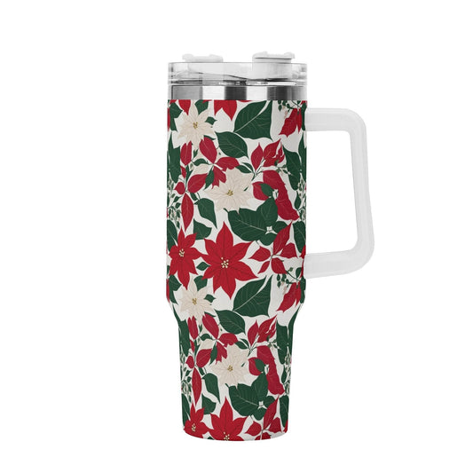 Red and White Poinsettia Flower 40oz Stainless Steel Tumbler Gift With White Handle and Straw - DeRose Seasonal