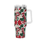 Red and White Poinsettia Flower 40oz Stainless Steel Tumbler Gift With White Handle and Straw - DeRose Seasonal