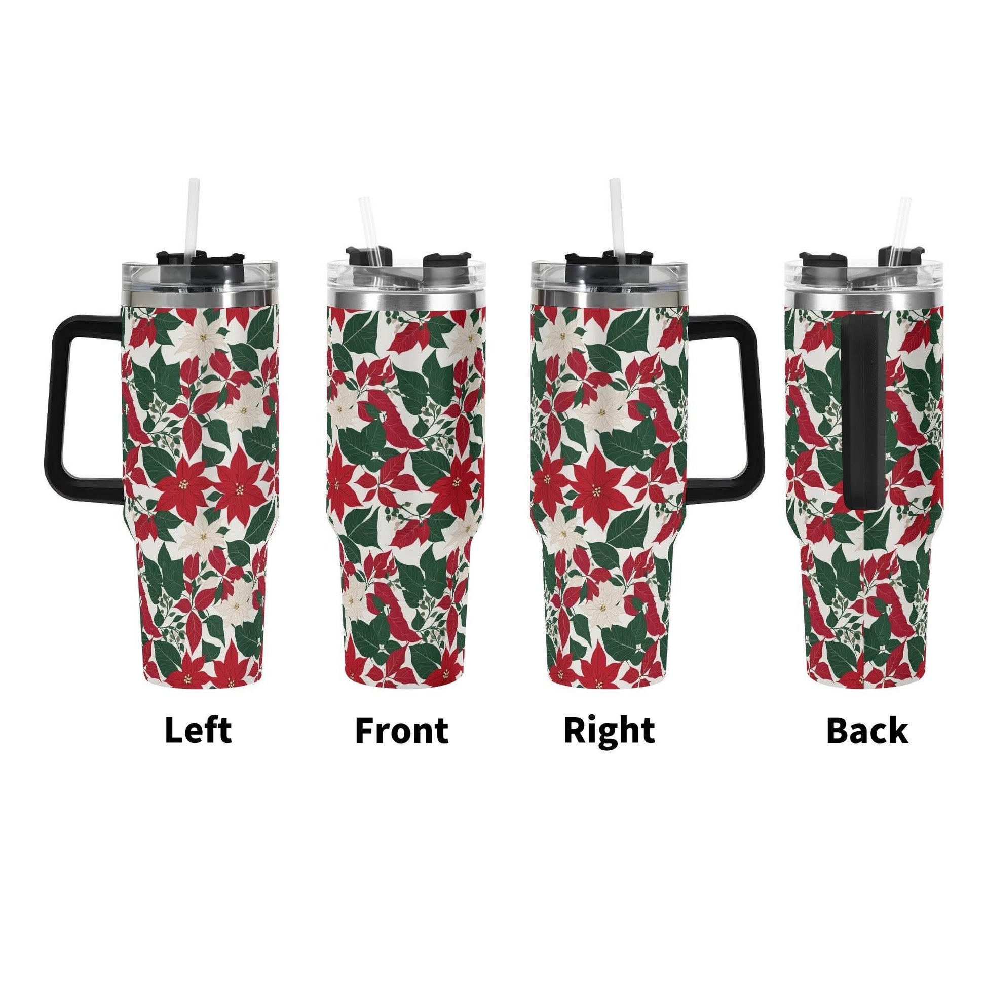 Red and White Poinsettia Flower 40oz Stainless Steel Tumbler Gift With Black Handle and Straw - DeRose Seasonal