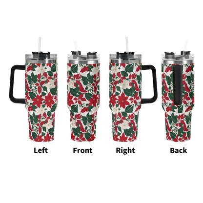 Red and White Poinsettia Flower 40oz Stainless Steel Tumbler Gift With Black Handle and Straw - DeRose Seasonal