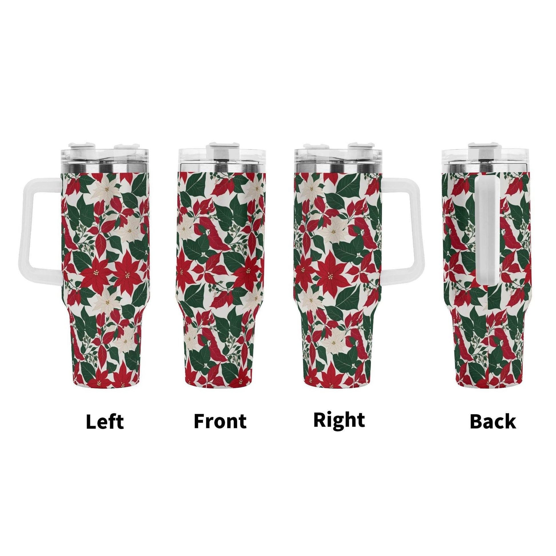 Red and White Poinsettia Flower 40oz Stainless Steel Tumbler Gift With White Handle and Straw - DeRose Seasonal