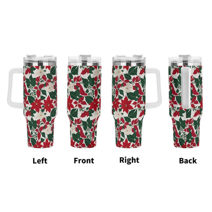 Red and White Poinsettia Flower 40oz Stainless Steel Tumbler Gift With White Handle and Straw - DeRose Seasonal