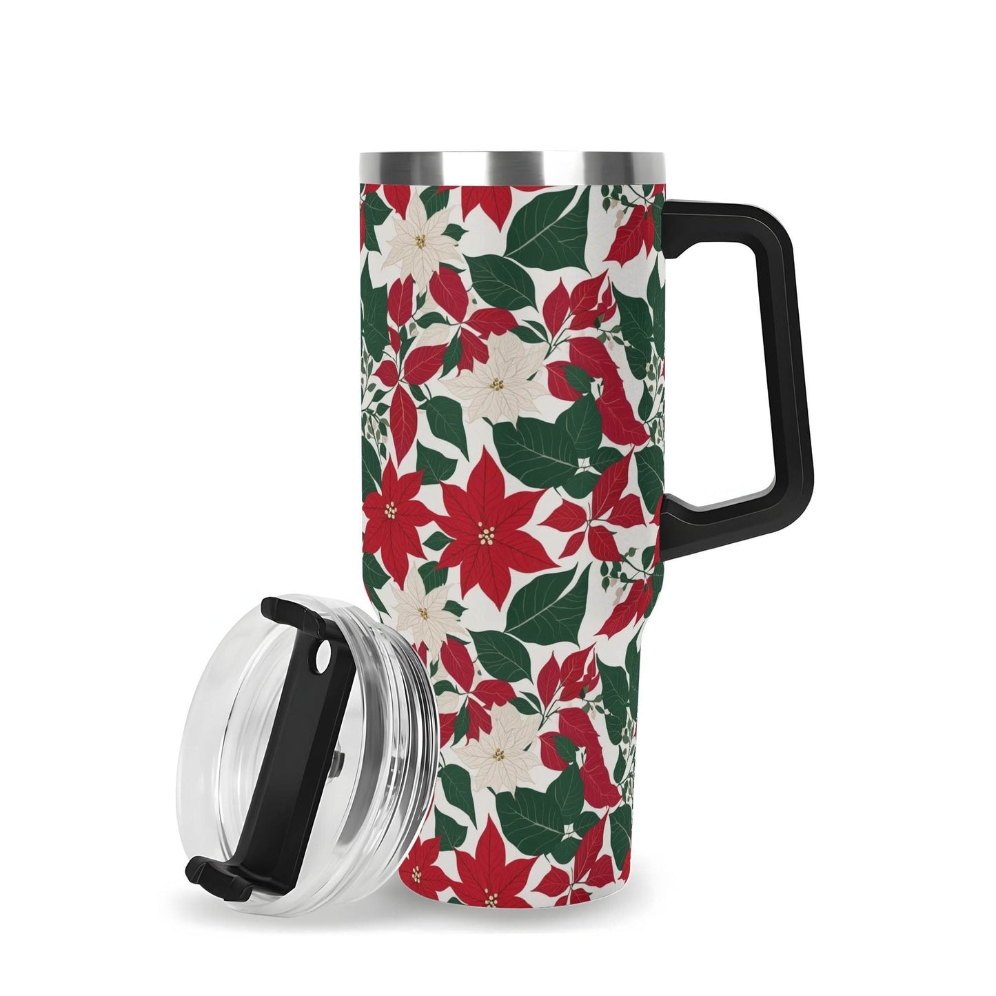 Red and White Poinsettia Flower 40oz Stainless Steel Tumbler Gift With Black Handle and Straw - DeRose Seasonal