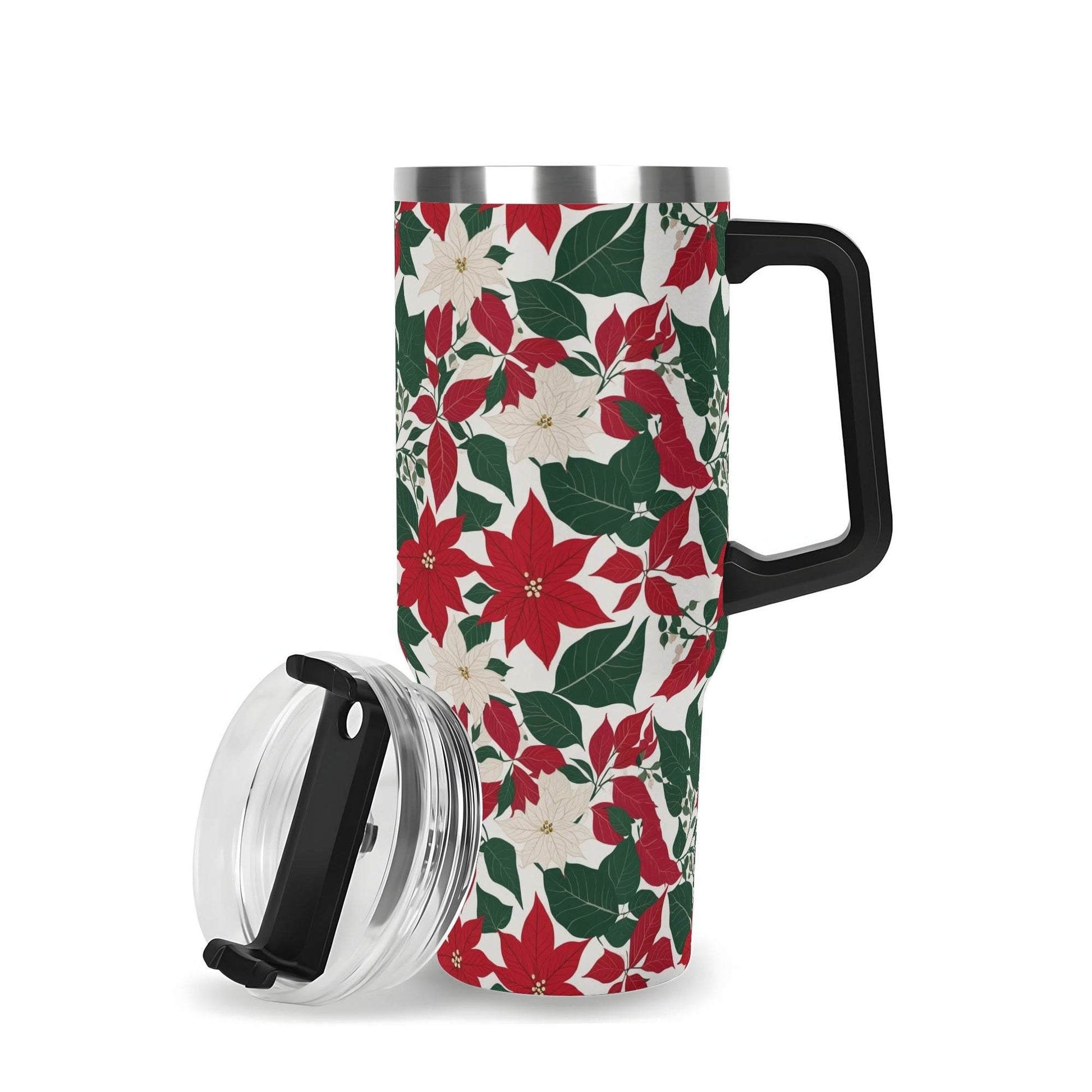 Red and White Poinsettia Flower 40oz Stainless Steel Tumbler Gift With Black Handle and Straw - DeRose Seasonal