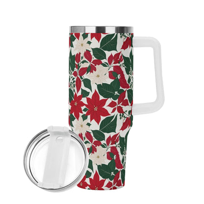 Red and White Poinsettia Flower 40oz Stainless Steel Tumbler Gift With White Handle and Straw - DeRose Seasonal