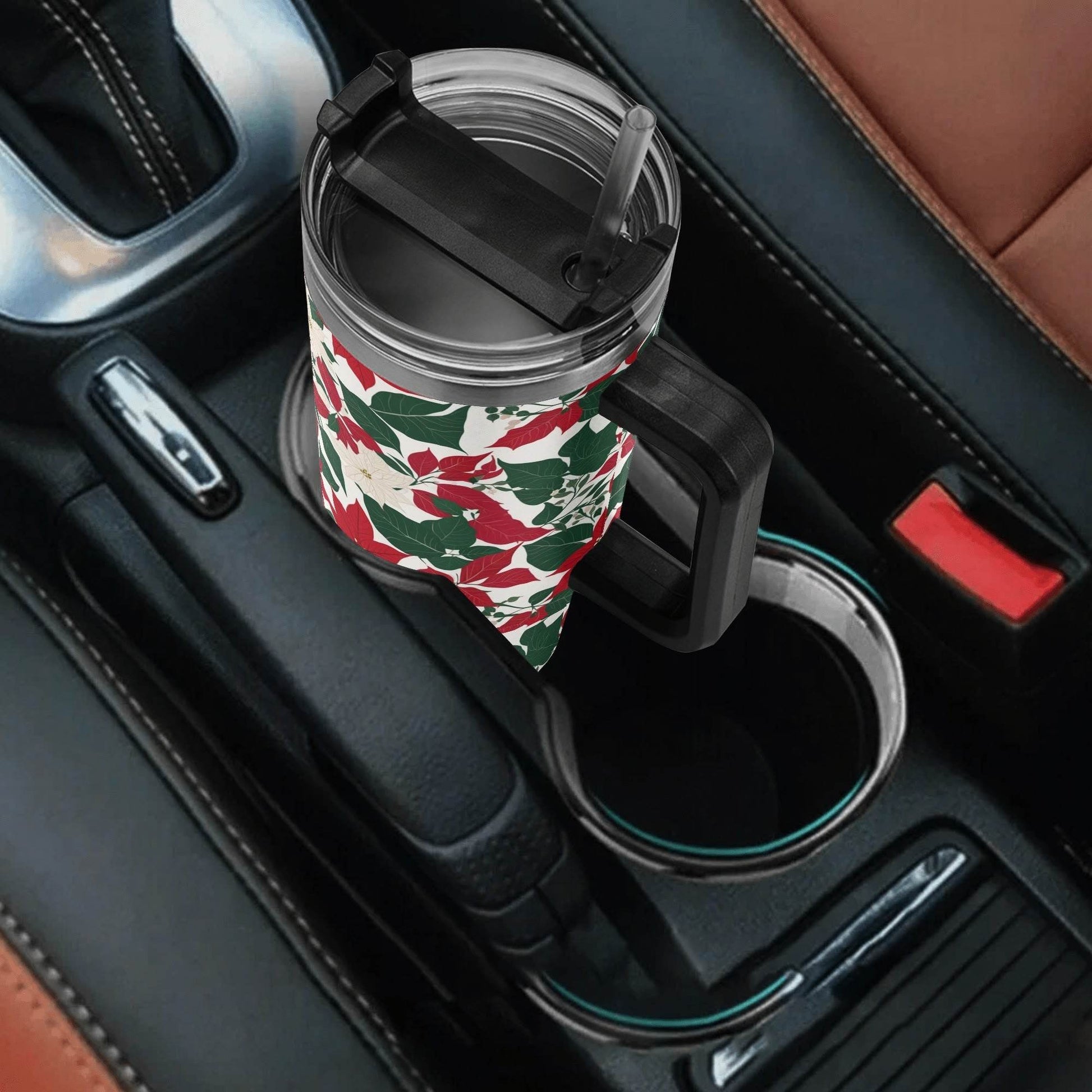Red and White Poinsettia Flower 40oz Stainless Steel Tumbler Gift With Black Handle and Straw - DeRose Seasonal
