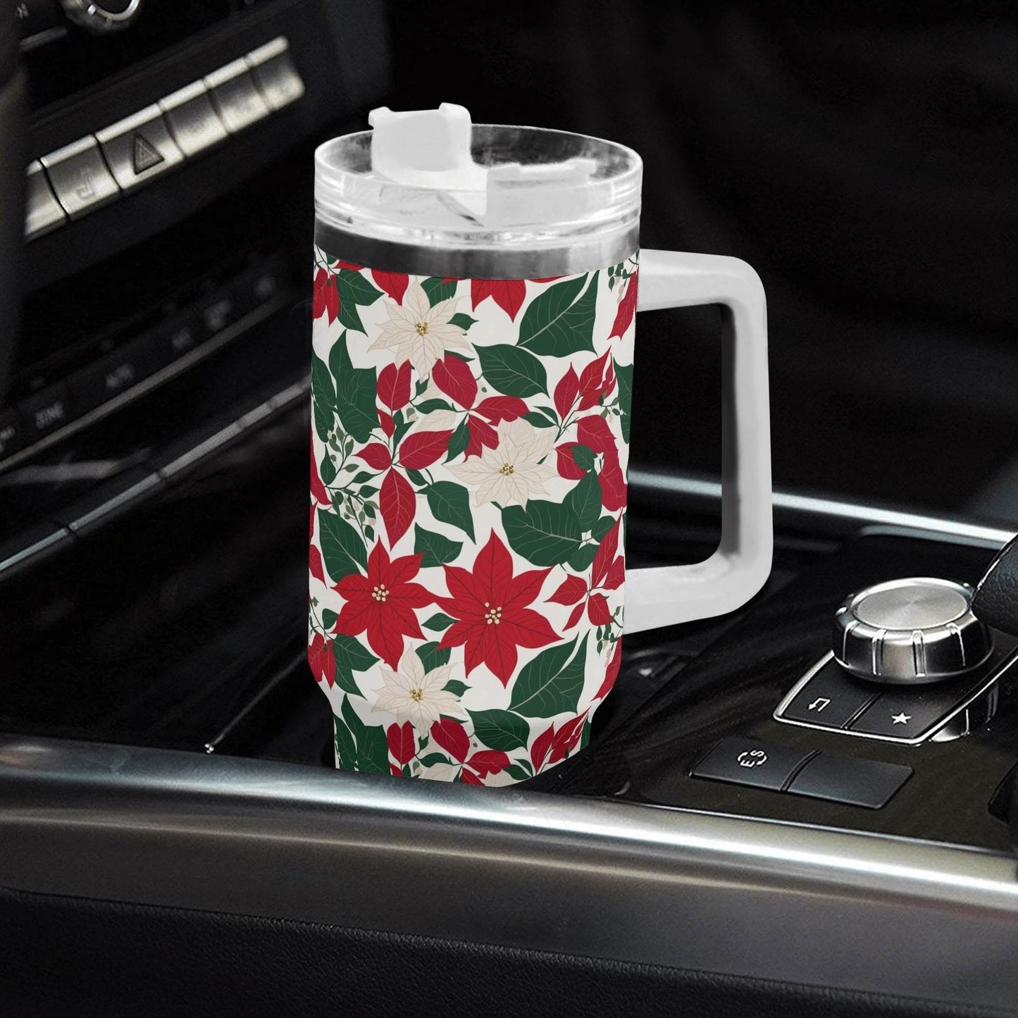 Red and White Poinsettia Flower 40oz Stainless Steel Tumbler Gift With White Handle and Straw - DeRose Seasonal