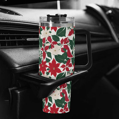 Red and White Poinsettia Flower 40oz Stainless Steel Tumbler Gift With Black Handle and Straw - DeRose Seasonal
