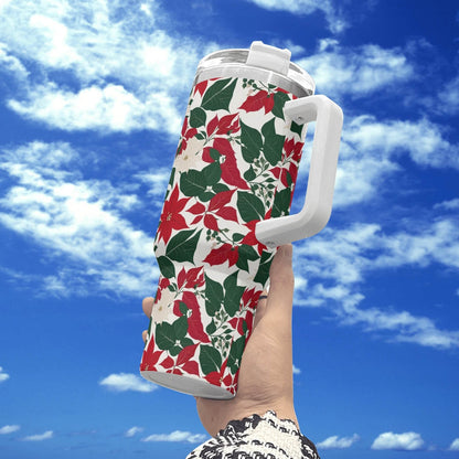 Red and White Poinsettia Flower 40oz Stainless Steel Tumbler Gift With White Handle and Straw - DeRose Seasonal