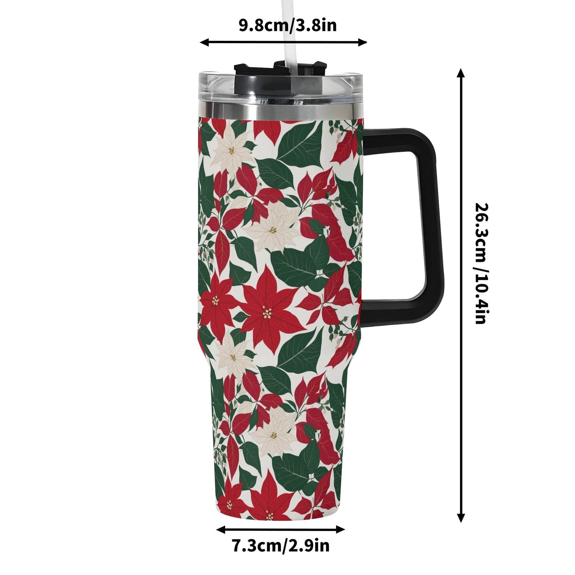 Red and White Poinsettia Flower 40oz Stainless Steel Tumbler Gift With Black Handle and Straw - DeRose Seasonal