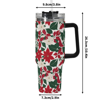 Red and White Poinsettia Flower 40oz Stainless Steel Tumbler Gift With Black Handle and Straw - DeRose Seasonal