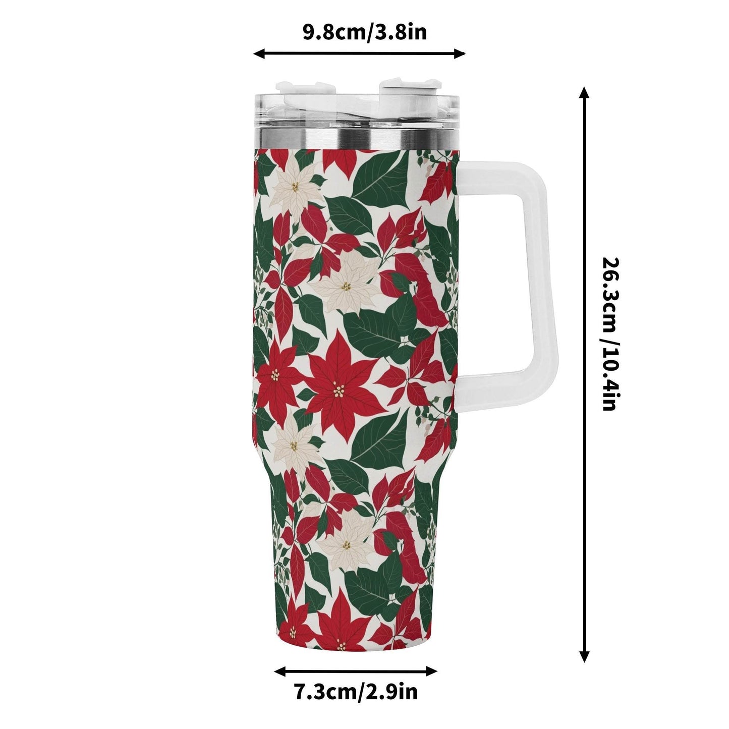 Red and White Poinsettia Flower 40oz Stainless Steel Tumbler Gift With White Handle and Straw - DeRose Seasonal