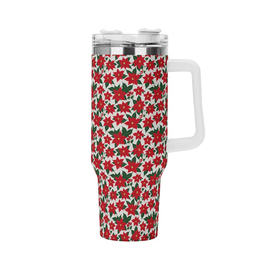 Poinsettia Floral 40oz Stainless Steel Tumbler Gift With White Handle and Straw - DeRose Seasonal