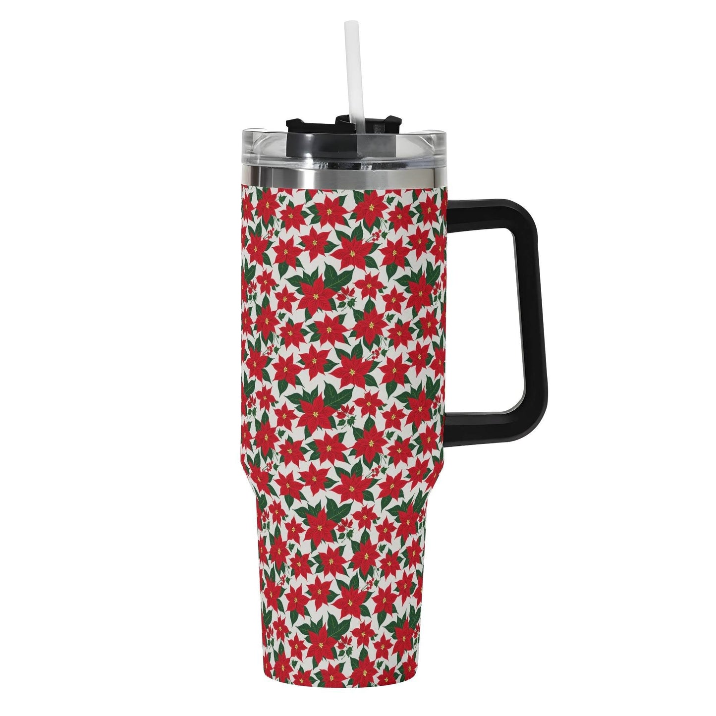 Poinsettia Floral 40oz Stainless Steel Tumbler Gift With Black Handle and Straw - DeRose Seasonal